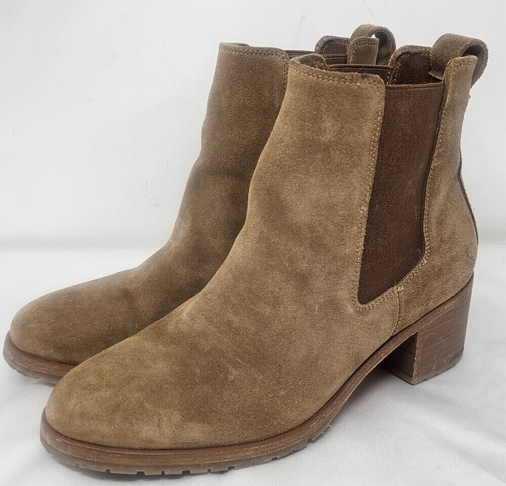 Nisolo Ana To-Go Heeled Chelsea Suede Tan Block Leather Ankle Boots Women's 10